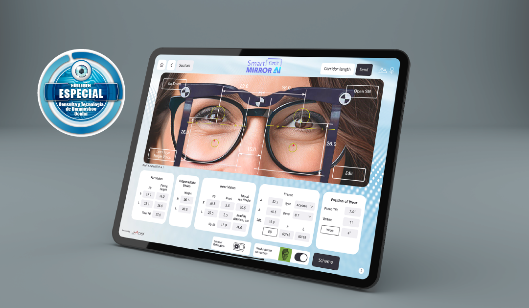 Tablet screen shows eye-diagnostic software with measurement overlays on a person wearing glasses; a blue 'Especial' badge floats to the left.