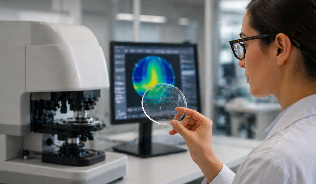 Female scientist in a lab holds a circular glass disk with a grid; microscope and a computer monitor displaying a color heat map are in view behind her.