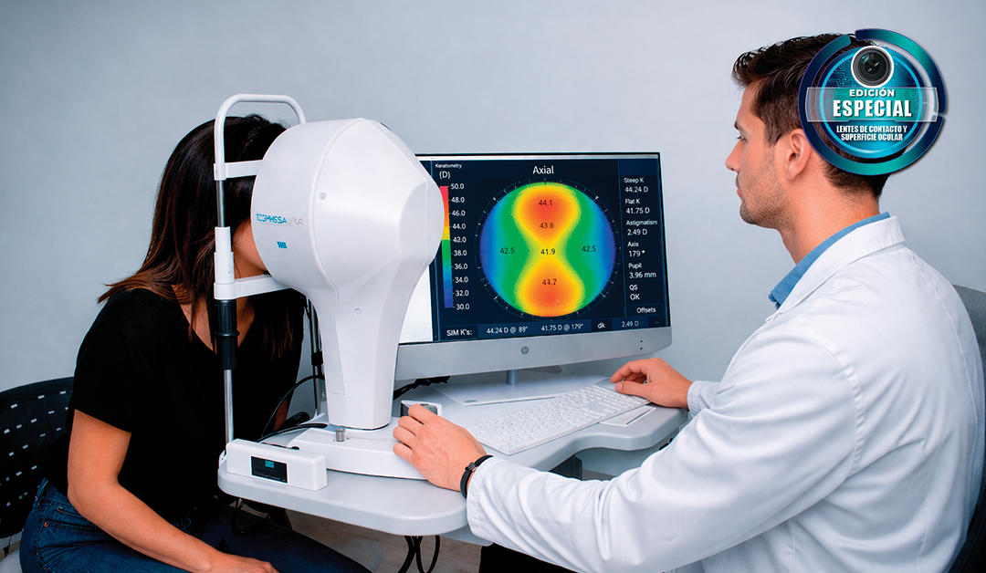 Patient undergoing an eye exam with a large scanning device against their head as the clinician analyzes results on a monitor.
