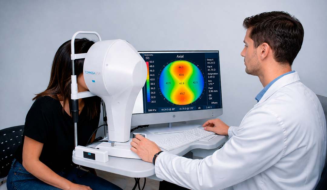 Patient seated with head in a corneal topography device as clinician monitors a colorful eye map on a computer screen.