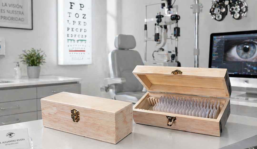 Open wooden box with dividers containing white sample cards on a clinic desk; optometry equipment in the background.