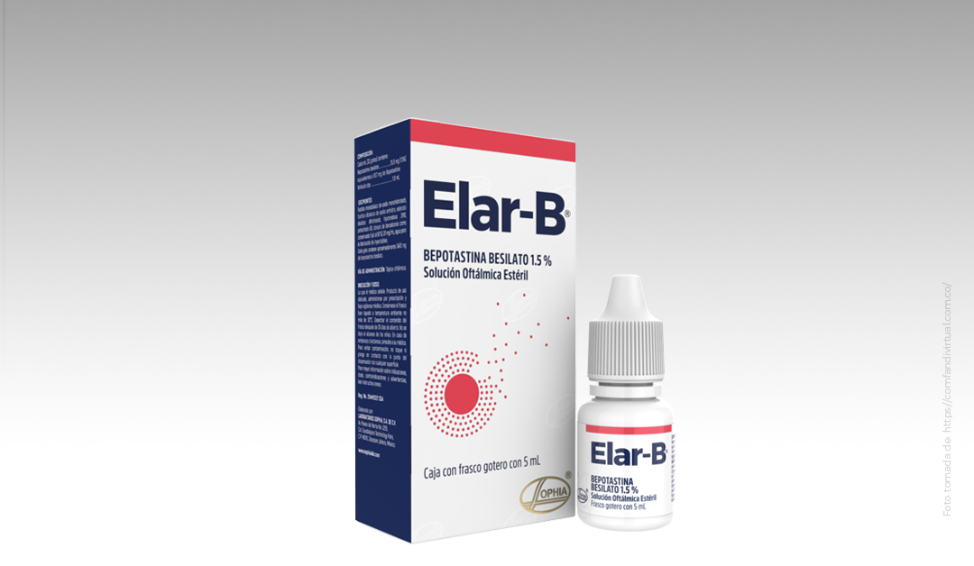 Elar-B box and dropper bottle of ophthalmic solution on a white gradient background, labeled 1.5% betamethasone? (Bepostatina Besilatol) 5 mL box and bottle nearby