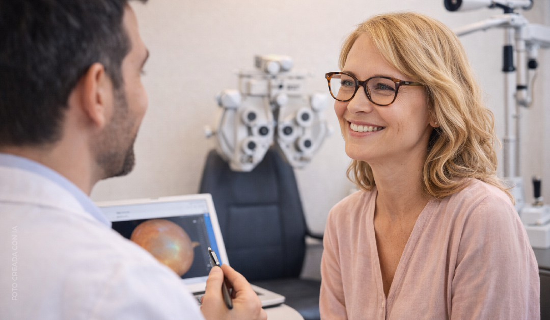 Optometrist shows a retinal image on a laptop to a smiling woman in a clinic exam room.