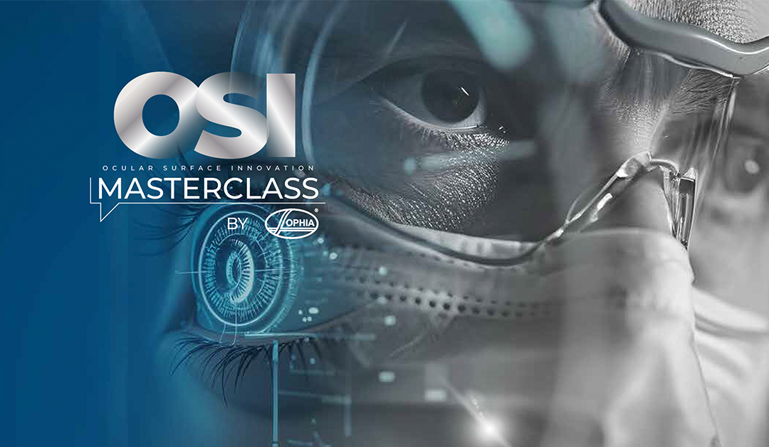 Close-up of a scientist's eye behind safety goggles with a blue futuristic UI overlay and the text 'OSI Masterclass' (Ocular Surface Innovation).