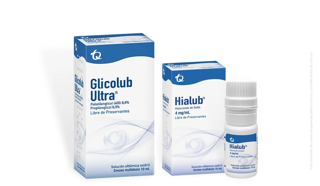 Glicolub Ultra and Hialub ophthalmic products in blue-and-white packaging on a white background
