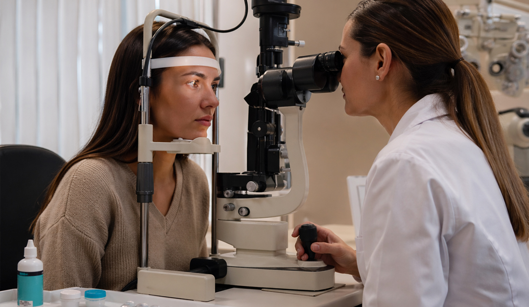 Woman sits with chin on a slit-lamp, clinician looking into her eye with a binocular microscope.