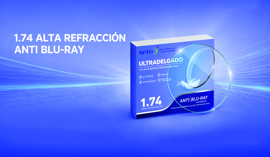 Blue product box labeled ULTRADELGADO/ANTI BLU-RAY with 1.74 refractive index on a blue glow background; packaging details visible.