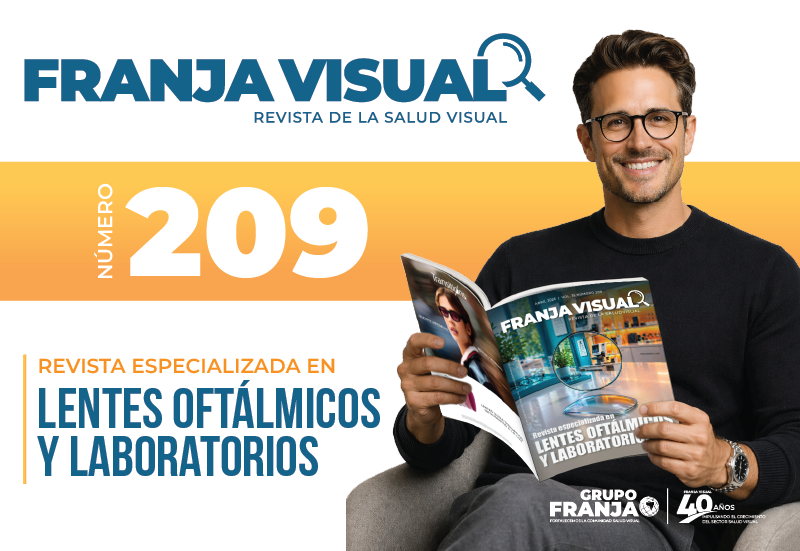 Portada de la revista Franja Visual, número 209, con un hombre leyendo una edición sobre lentes oftálmicos y laboratorios.”