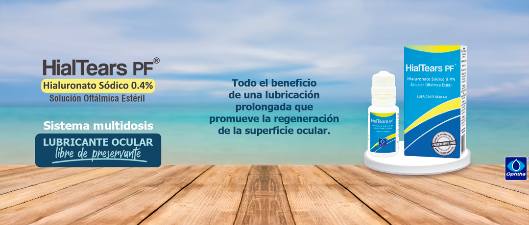 HialTears PF ophthalmic solution bottle and box on a wooden deck with a beach background; promotes a preservative-free lubricating eye drop.
