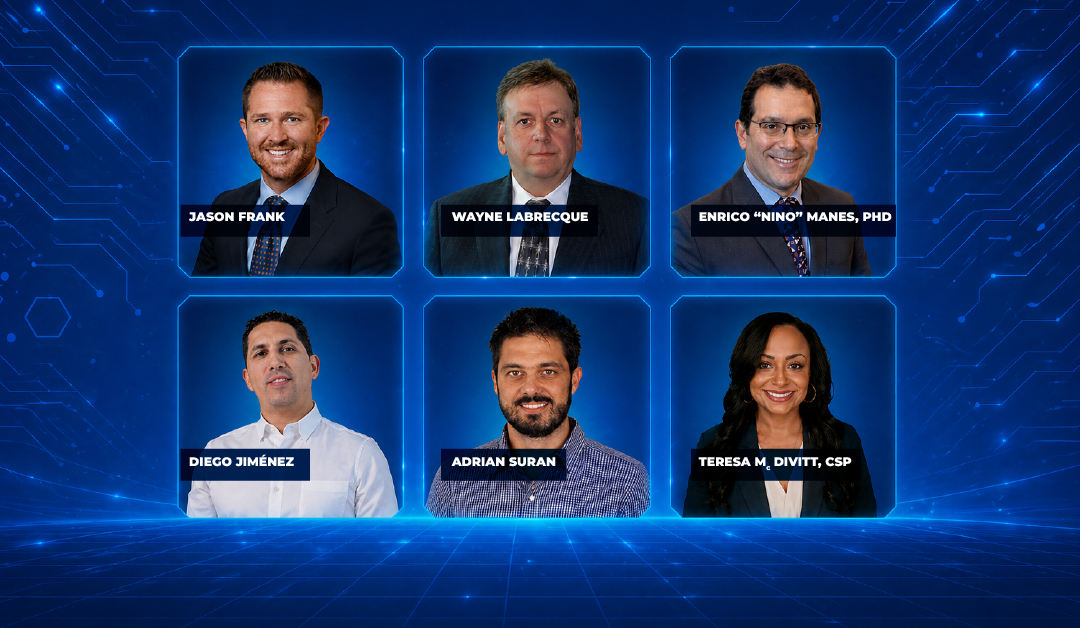 Six professional headshots in a glowing blue grid: top row Jason Frank, Wayne Labrecque, Enrico 'Nino' Manes, PhD; bottom row Diego Jiménez, Adrian Suran, Teresa M. Divitt, CSP.