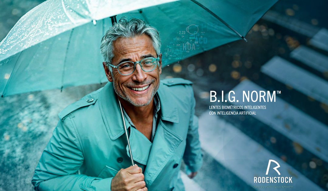Smiling man in teal jacket holds a teal umbrella for a Rodenstock promo featuring AI-powered biometric lenses.