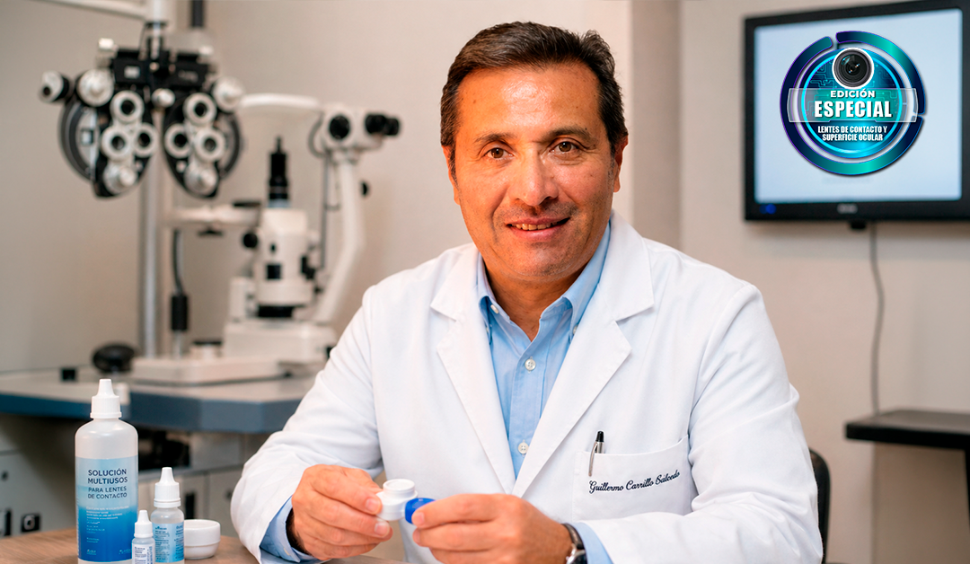 Ophthalmologist in a white coat demonstrates inserting a contact lens at a clinic, with eye equipment in the background.