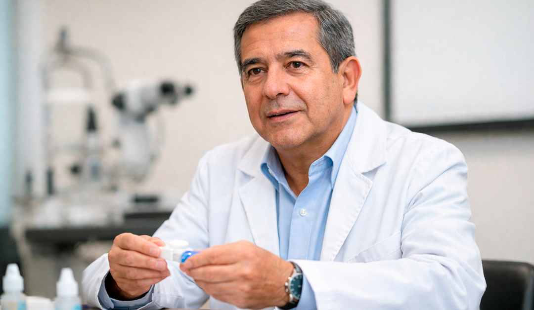 Doctor in a white coat showing a contact lens case and bottle at a clinic desk.