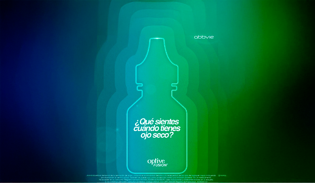 Neon-green bottle outline graphic with the Spanish question '¿Qué sientes cuando tienes ojo seco?' and Abbvie/Optive Fusion logos, against a blue-green gradient background.