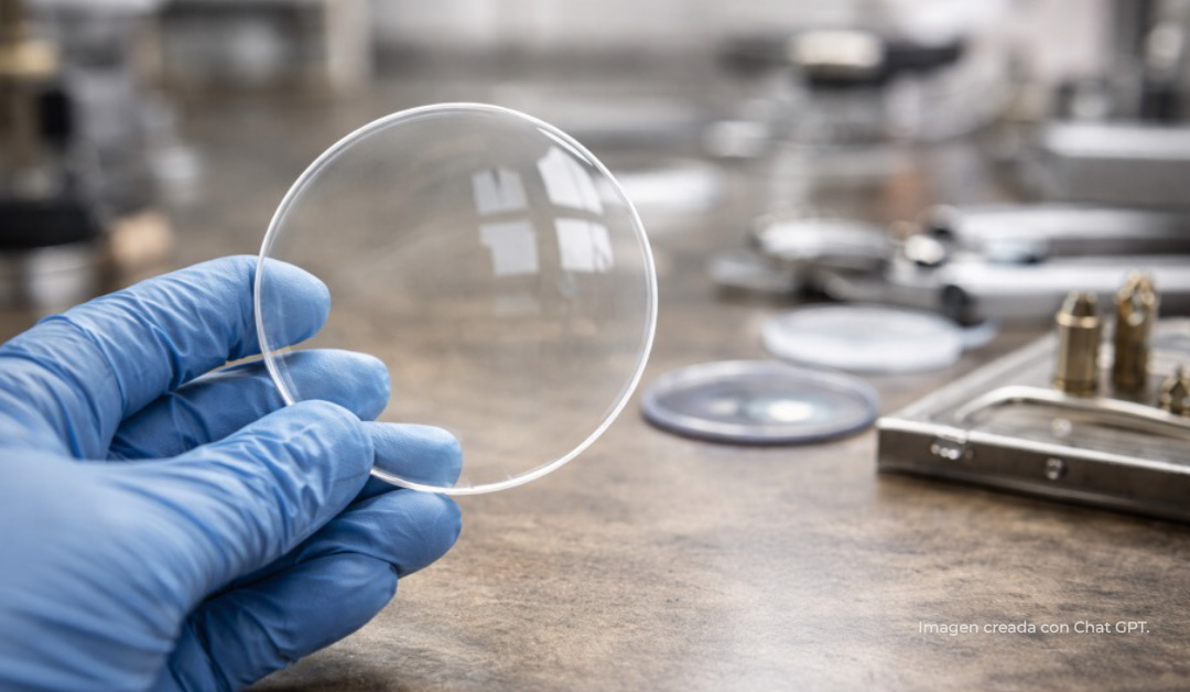 Gloved hand holds a circular glass lens over a stainless workbench in a laboratory setting.