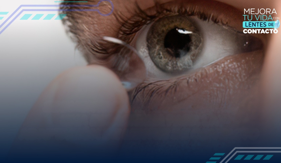 Close-up of an eye with a contact lens being inserted; branding text in the top-right corner promoting contact lenses.