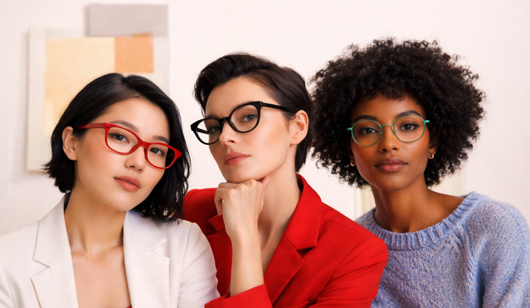 Three women pose together wearing colorful glasses: red frames, black frames, and green frames in a stylish group portrait.