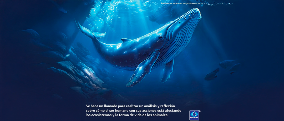 Blue whale swimming underwater with sunlight streaming overhead; caption discusses how human actions affect ecosystems and animal life (logo bottom-right).