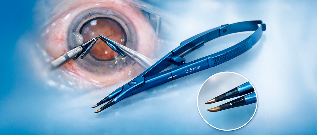 Close-up of an eye undergoing eye surgery with precision blades and a blue surgical instrument; inset shows blade tips.