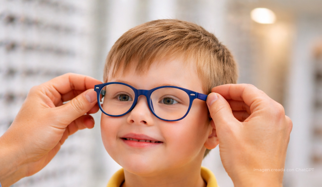 Boy with light brown hair wears blue glasses while someone adjusts them on his face, smiling warmly.