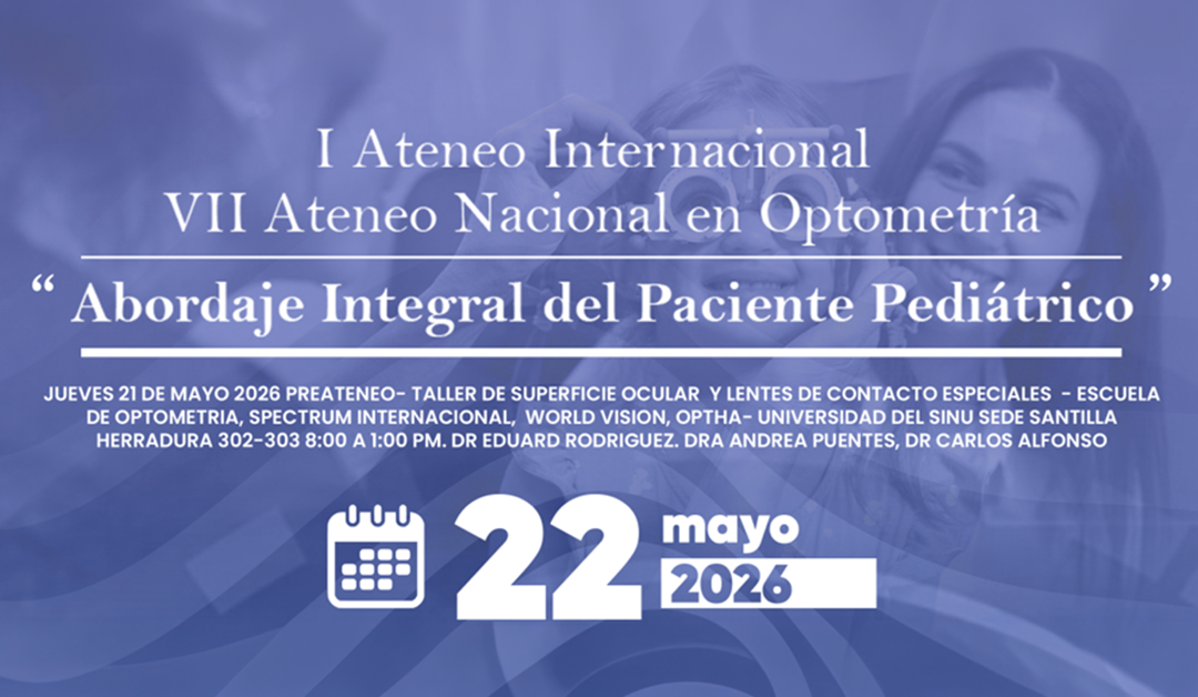 Cartel en español anunciando una conferencia de optometría pediátrica, titulada Abordaje Integral del Paciente Pediátrico, 22 de mayo de 2026.