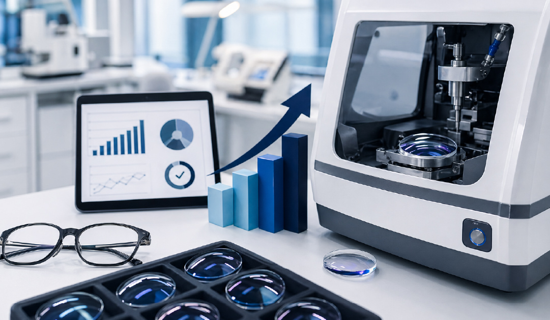 Lab bench with a precision scientific instrument, a tablet displaying charts, a blue rising bar graph with an arrow, and safety glasses nearby.