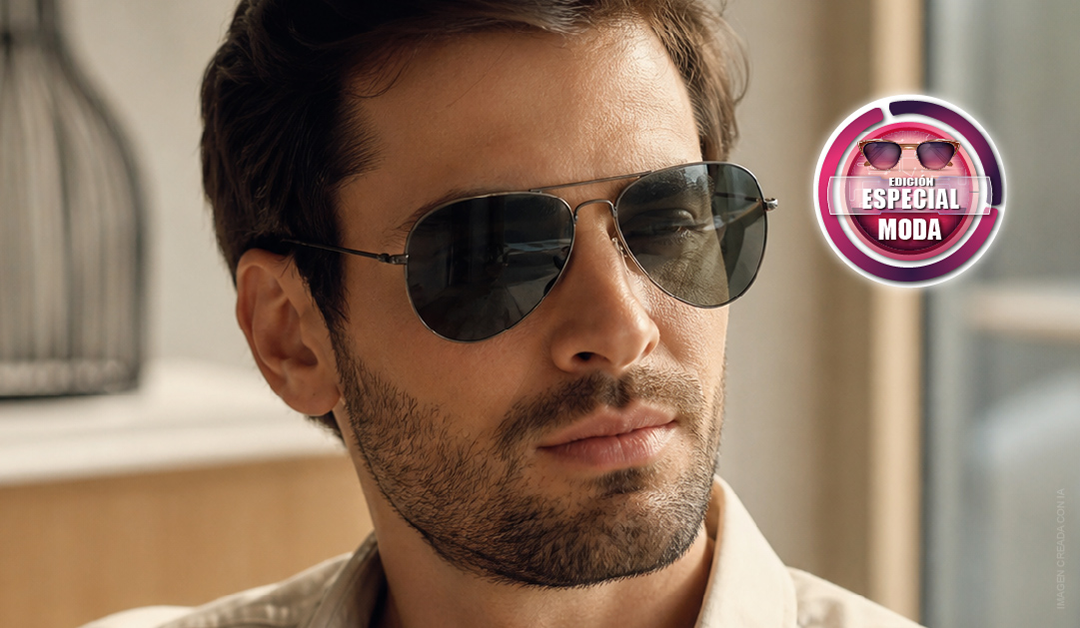 Man wearing aviator sunglasses, looking to the side, with a pink circular 'Edición Especial Moda' badge in the corner in the frame.