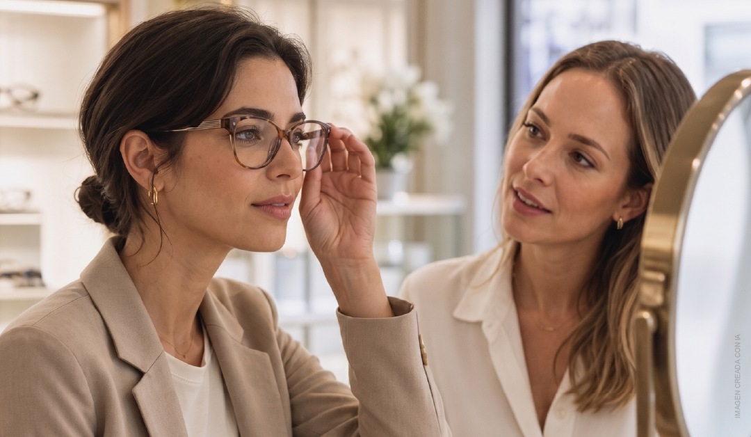 Customer tries on eyeglasses while a sales associate assists in a bright eyewear store showroom