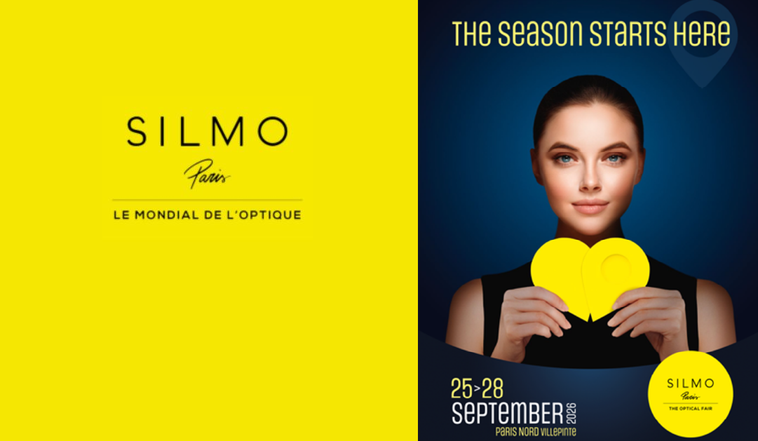 Split image: Silmo Paris branding on a bright yellow background; right panel shows a model holding yellow heart shapes for the optical fair poster
