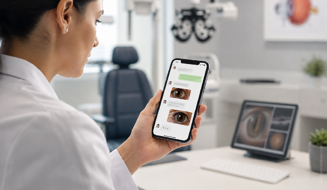 Female clinician in a white coat holds a smartphone showing a text chat with eye images, in a clinical exam room.
