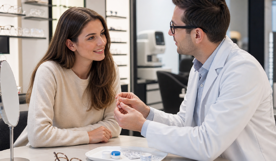 Optometrist in a white coat showing a contact lens to a smiling female patient at an eyewear shop, glasses on display in the background.