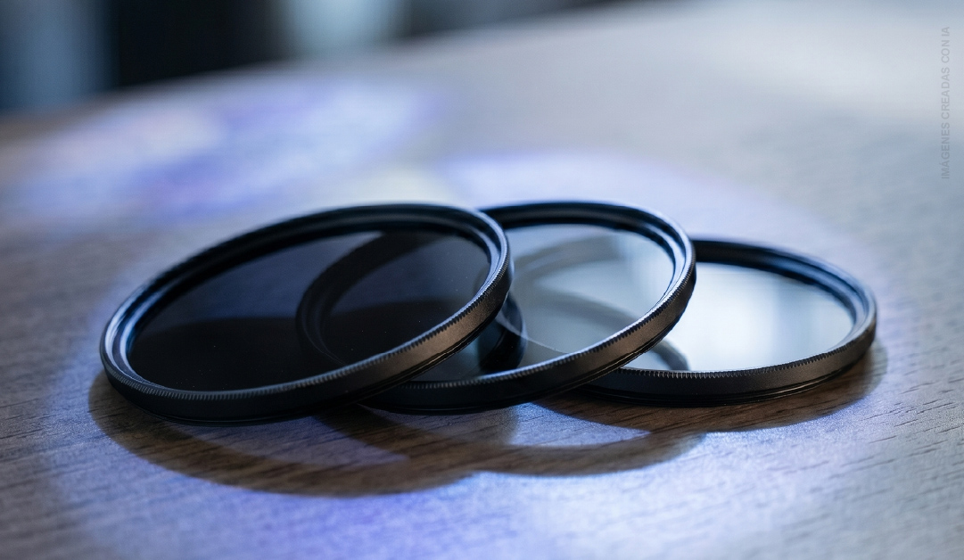 Three circular camera lens filters resting on a wooden table, stacked in a slight overlap.