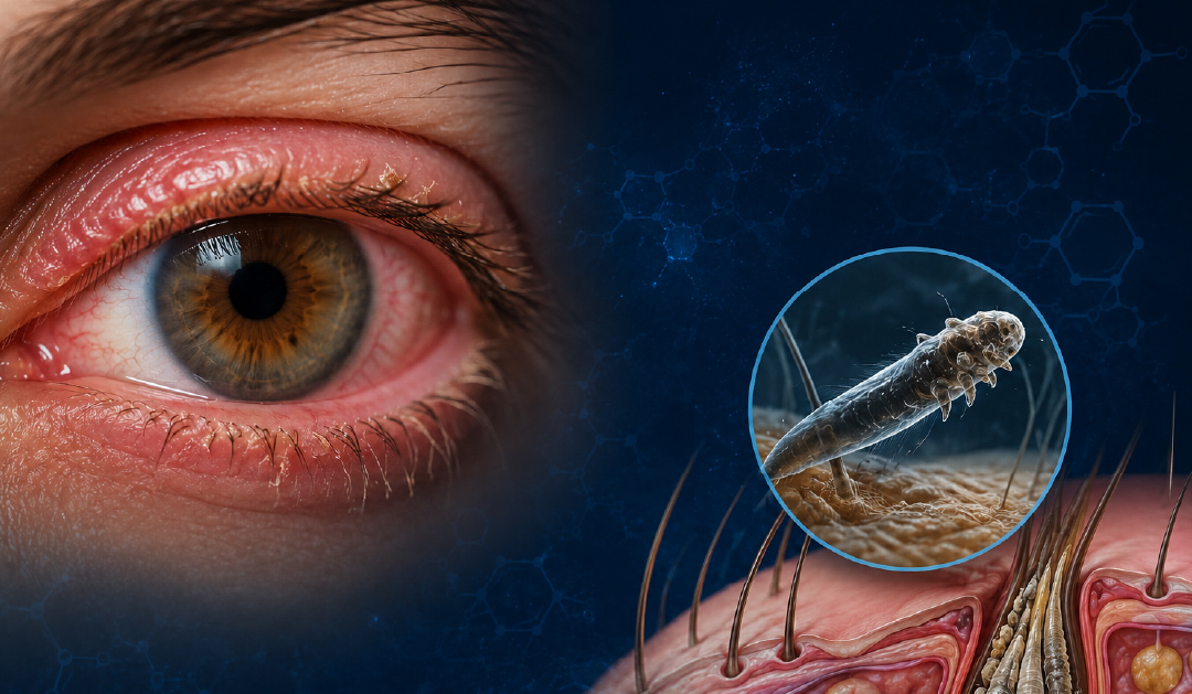 Close-up of a human eye with a circular magnified inset showing a microscopic mite on skin near hair follicles.