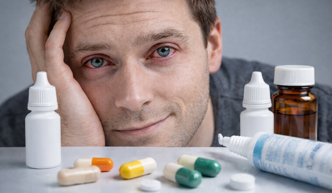 A tired man rests his head on his hand beside medicine bottles, pills, and a tube on a table, suggesting illness or illness-related care.
