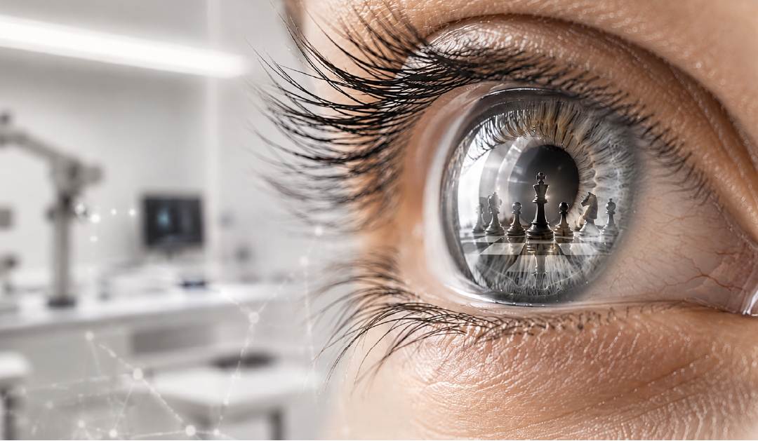 Close-up of an eye with a chessboard and chess pieces reflected in the pupil.