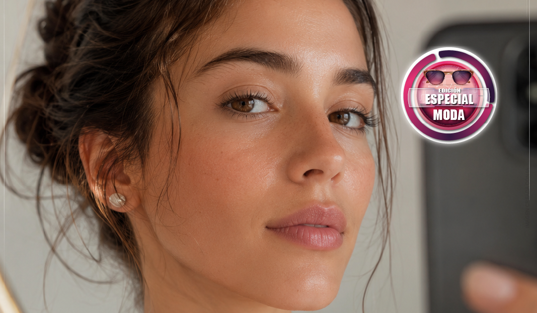 Close-up of a young woman with smooth skin looking at the camera, with a pink circular badge reading 'Edición Especial Moda' in the top-right corner.