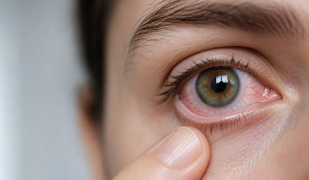 Close-up of a brown-green eye as a finger pulls down the lower eyelid, exposing the sclera and detailed iris patterns.