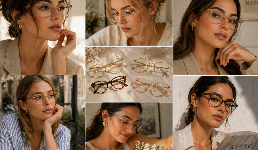 Collage showing six portraits of women wearing stylish eyeglasses and a central image of five frames on fabric.