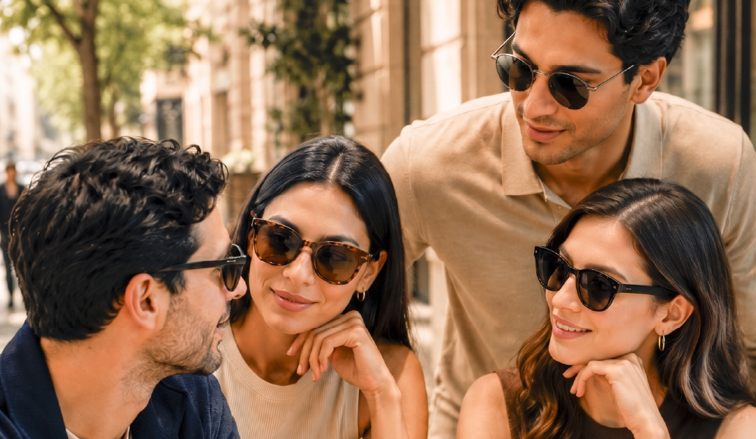 Group of four friends wearing sunglasses chatting on a sunny city street.