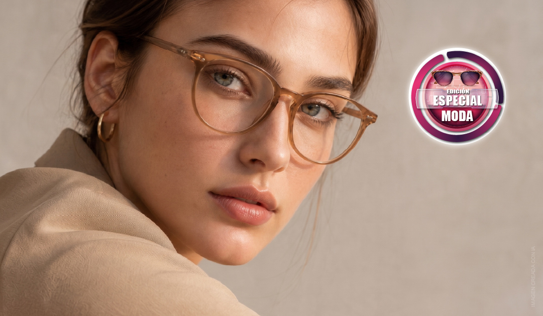 Close-up portrait of a woman wearing beige-framed glasses and hoop earrings, in a light beige sweater, with a fashion logo in the background's right edge.