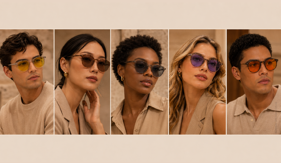Five models in beige outfits pose in a row, each wearing tinted sunglasses in different colors.