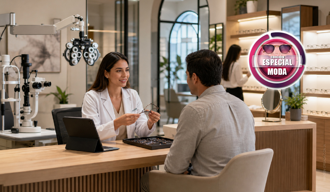 Optometrist woman in a white coat shows glasses to a male customer at a wooden counter in a stylish eyewear store.
