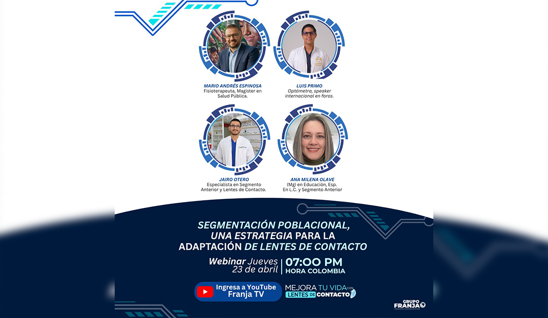 Poster for a webinar on contact lens adaptation; four speaker photos in circular frames above a dark blue curved banner.