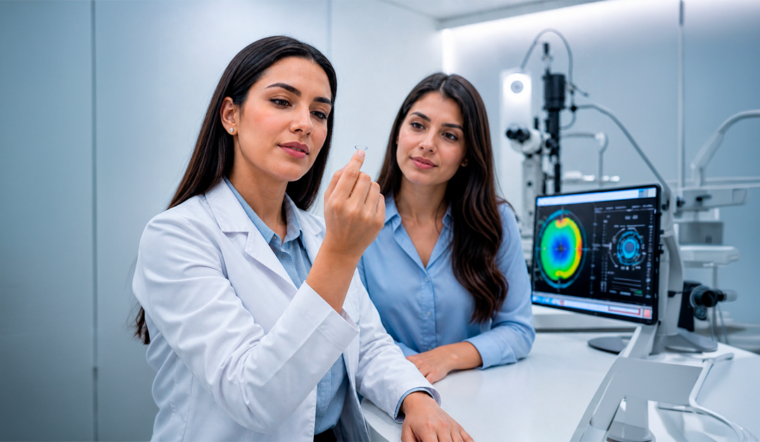 Two female researchers in a clean lab observe a small sample held up by the front researcher, with eye-imaging equipment and a monitor displaying diagnostic images in the background.