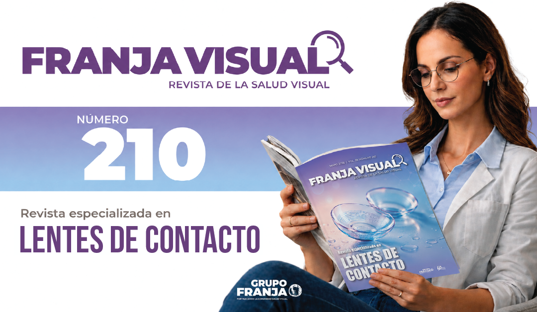 Woman wearing glasses reads a Franja Visual magazine about contact lenses; issue 210 cover visible.