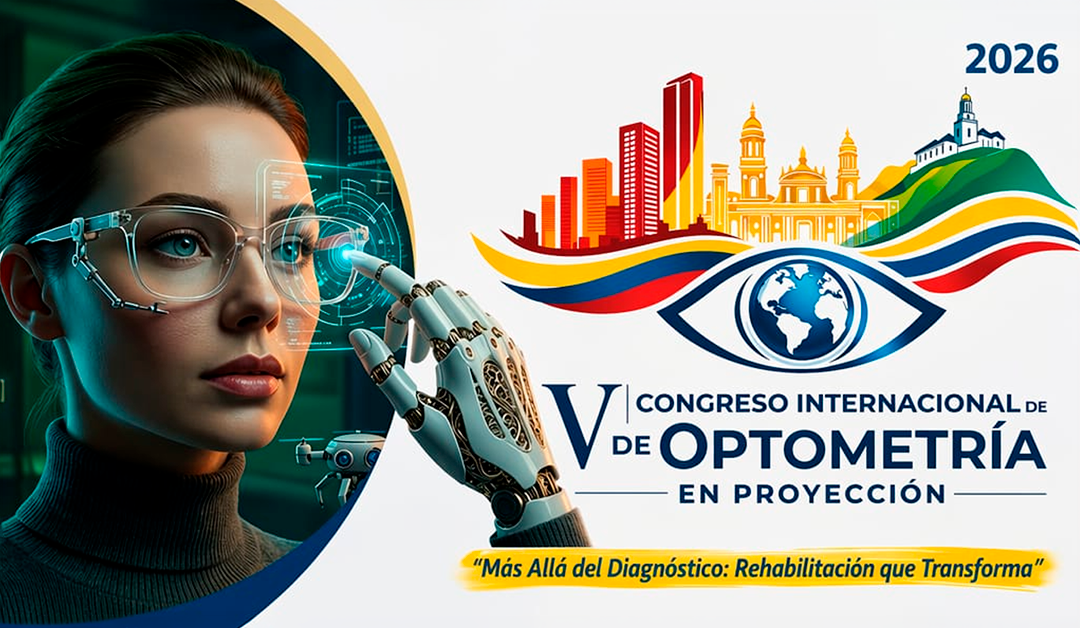 Futuristic woman with a robotic hand touching glasses, beside a colorful skyline and eye logo for the 2026 Optometry Congress poster.