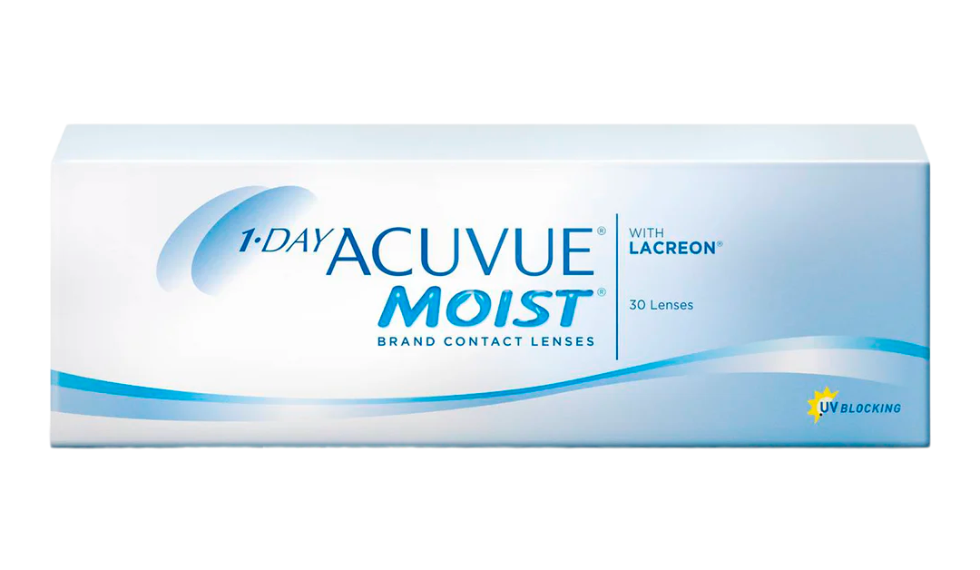 Box of 1-Day ACUVUE MOIST contact lenses with Lacreon, 30 lenses, UV blocking, blue and white packaging design