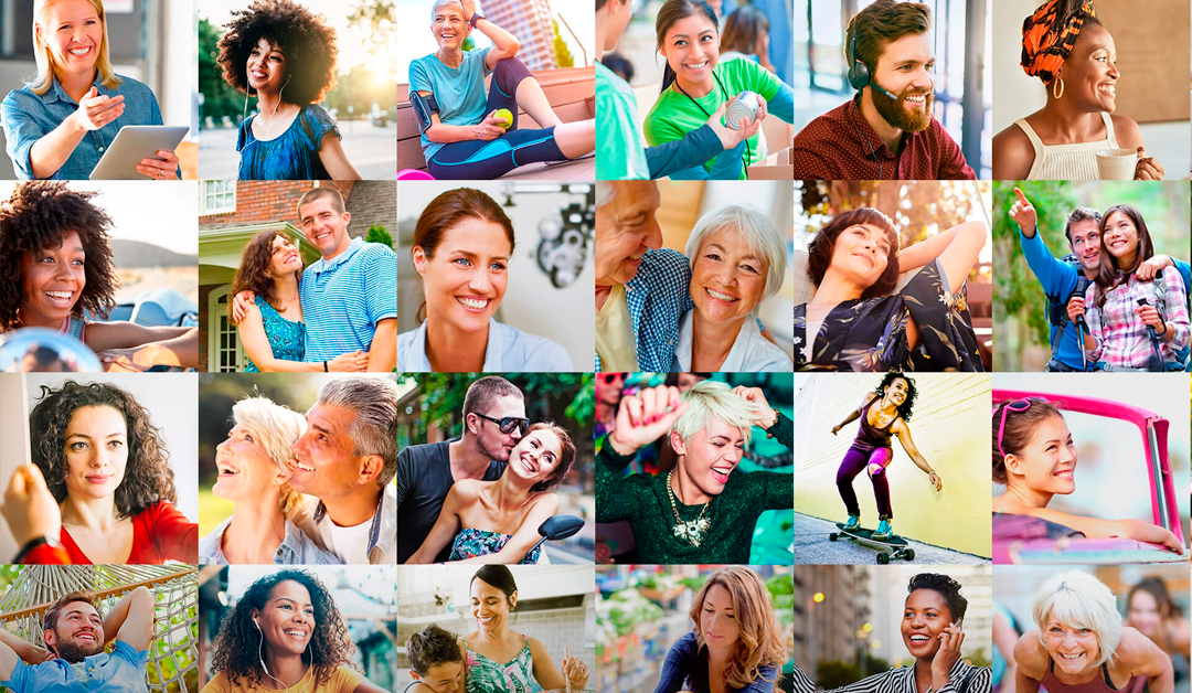 Collage of diverse people smiling and enjoying activities like chatting, biking, skating, and using devices in various settings.
