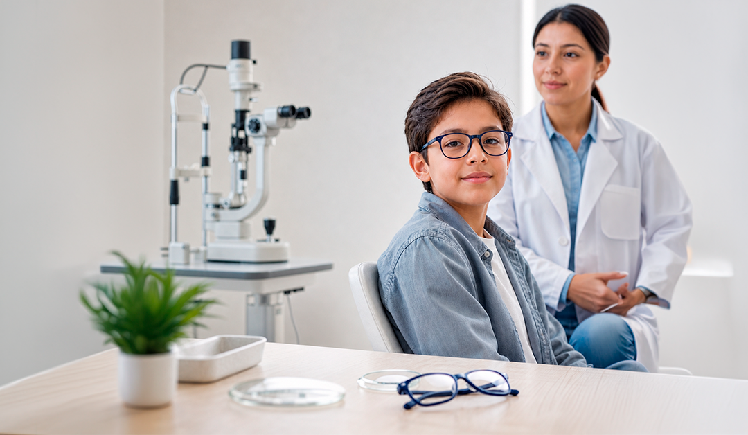 Boy wearing glasses sits at an eye exam table with ophthalmic equipment in the background, while a clinician in a white coat observes.