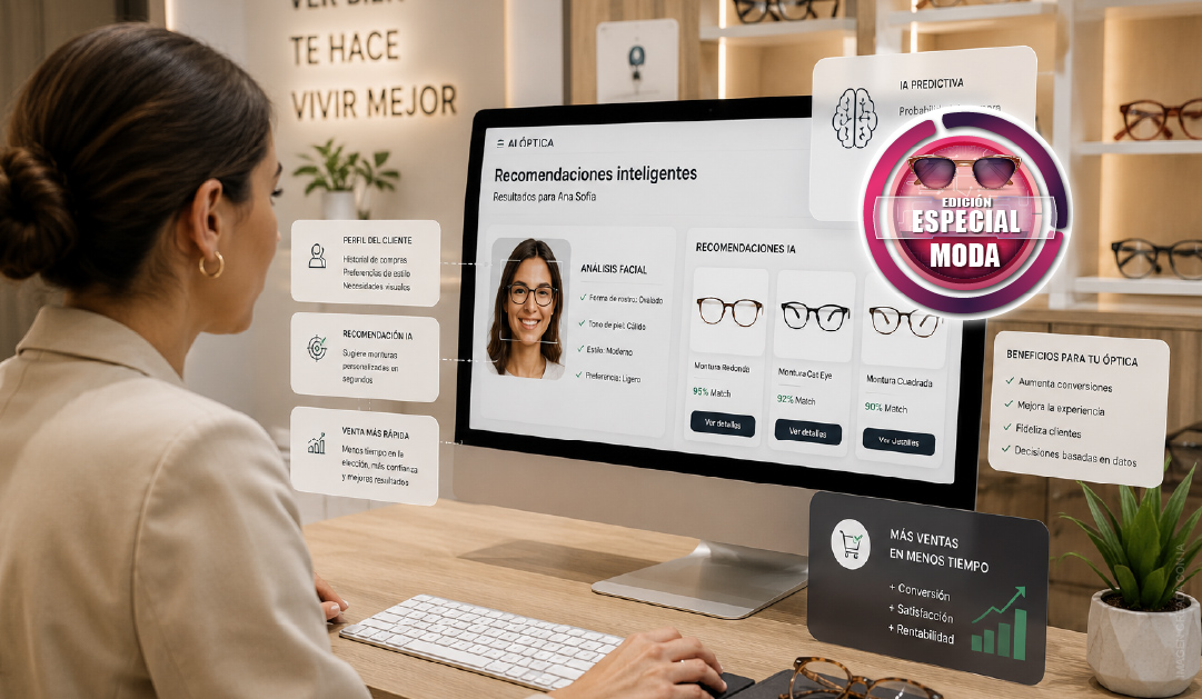 Persona frente a un monitor mostrando un tablero de recomendaciones inteligentes para óptica, con imágenes de gafas y datos del cliente en español.